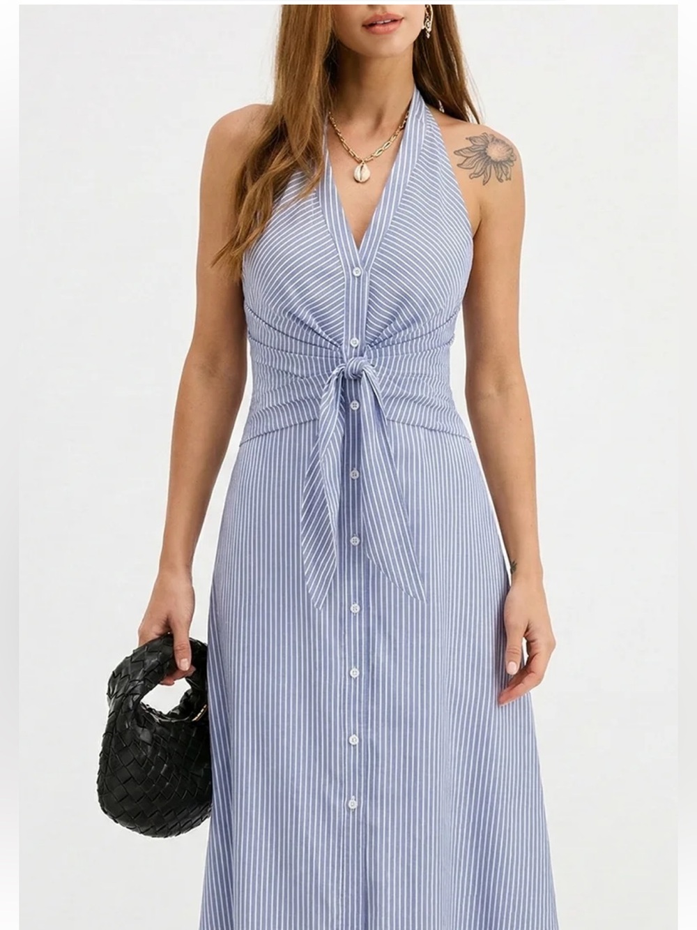 Commense Cotton Striped Halter Tie-Waist Maxi Dress NWOT